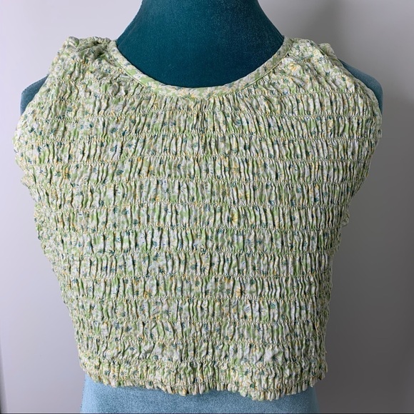 Krazy Kat Shirt Small Crop Shirred Green Floral Cotton Retro Summer - Picture 1 of 12